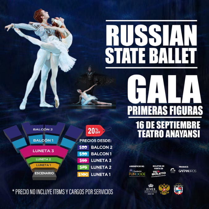 Plot promocional del evento RUSSIAN STATE BALLET con precios y mapa.