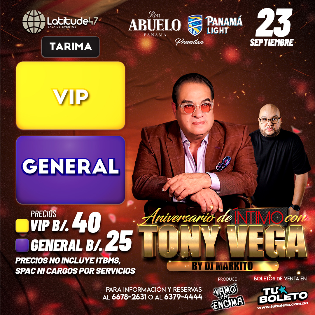 Plot promocional del evento TONY VEGA con precios y mapa.