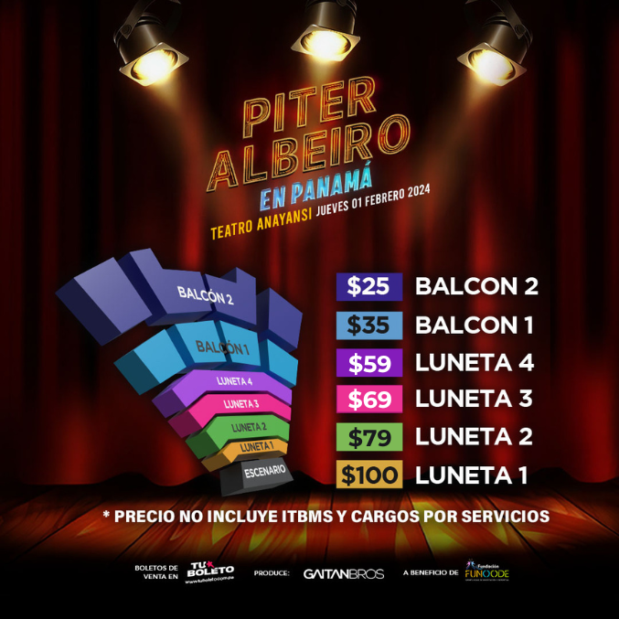Plot promocional del evento PITER ALBEIRO con precios y mapa.