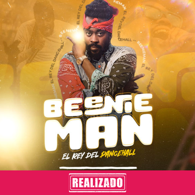 Foto promocional del evento BEENIE MAN describiendo los participantes y fechas del evento.