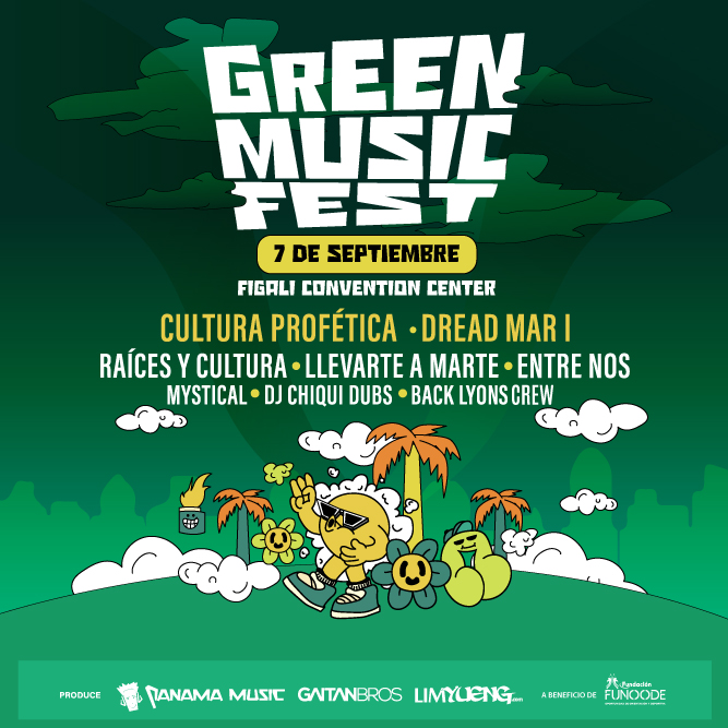 Foto promocional del evento GREEN MUSIC FEST describiendo los participantes y fechas del evento.