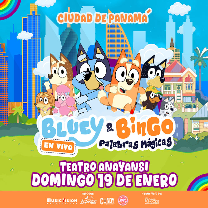 Foto promocional del evento BLUEY & BINGO describiendo los participantes y fechas del evento.